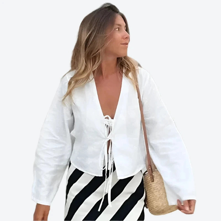 Boho Tie-Front Long Sleeve Tops
