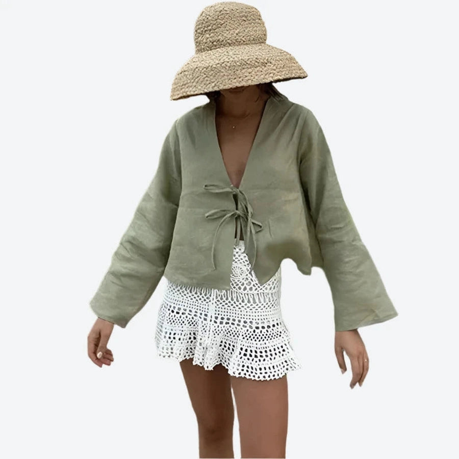 Boho Tie-Front Long Sleeve Tops