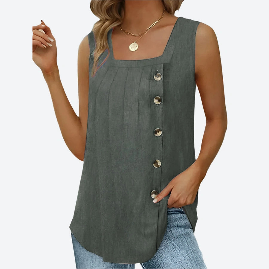 Button Detail Square Neckline Tops