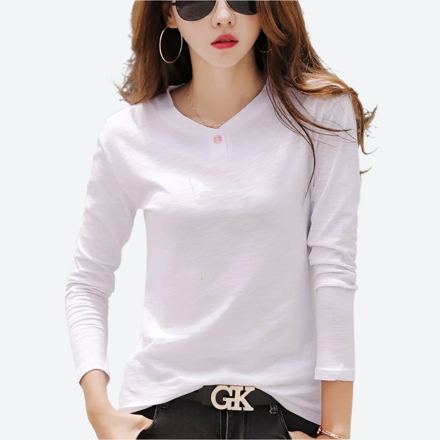Buttoned V-Neck Long-Sleeve Casual Tops