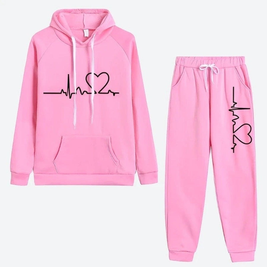 Casual Heartbeat Print Tracksuit Set