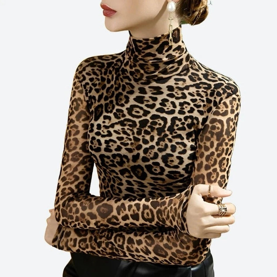Chic Leopard Print Turtleneck Tops