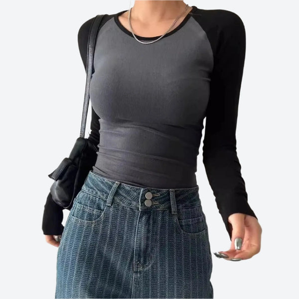 Contrast Raglan Long-Sleeve Fitted T-Shirts