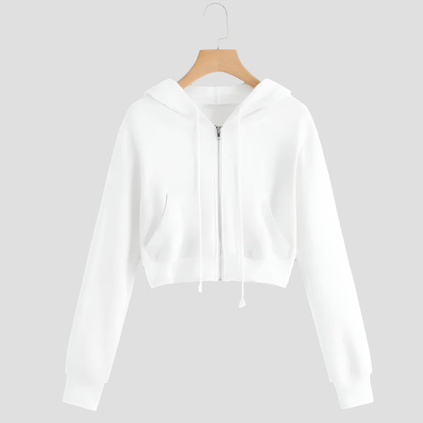 Cropped Zip-Up Drawstring Hoodie Cardigans