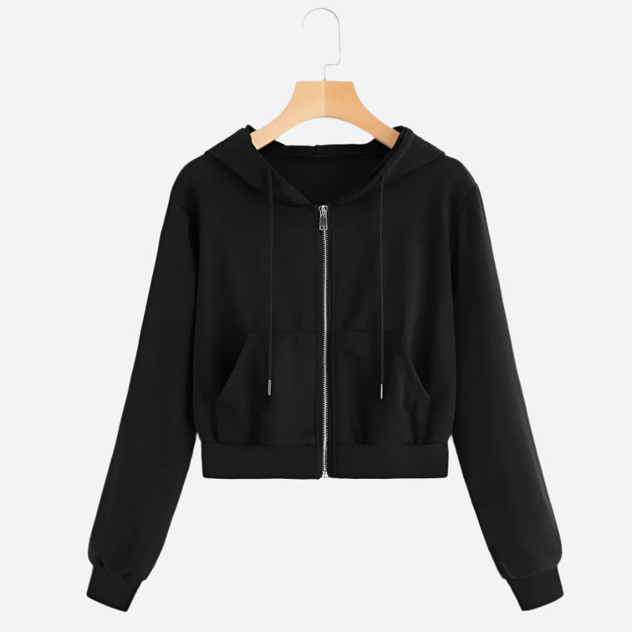 Cropped Zip-Up Drawstring Hoodie Cardigans
