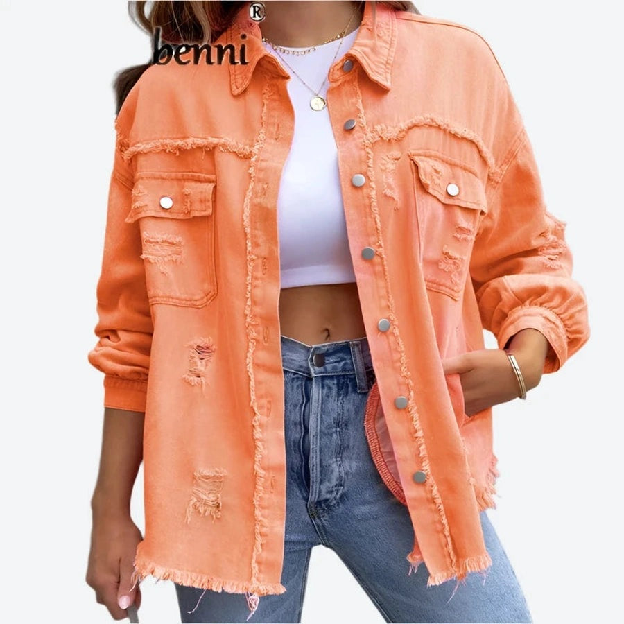 Distressed Button-Up Frayed Denim Jackets