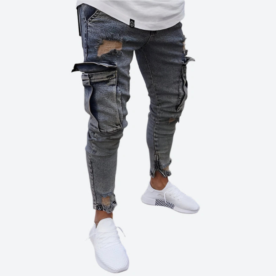 Distressed Denim Cargo Slim Joggers