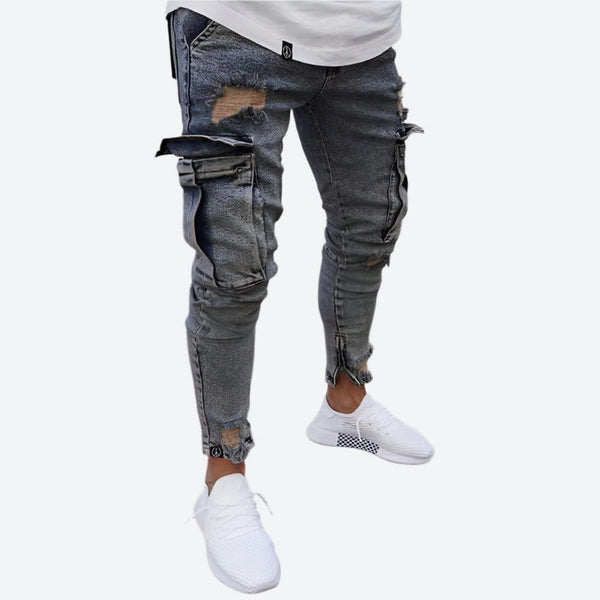 Distressed Denim Cargo Slim Joggers