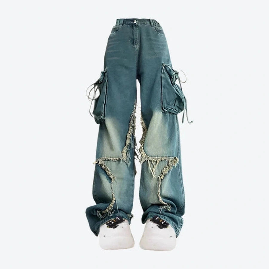 Distressed Wide-Leg Cargo Pocket Pants