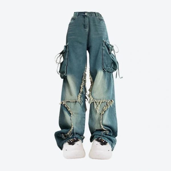 Distressed Wide-Leg Cargo Pocket Pants