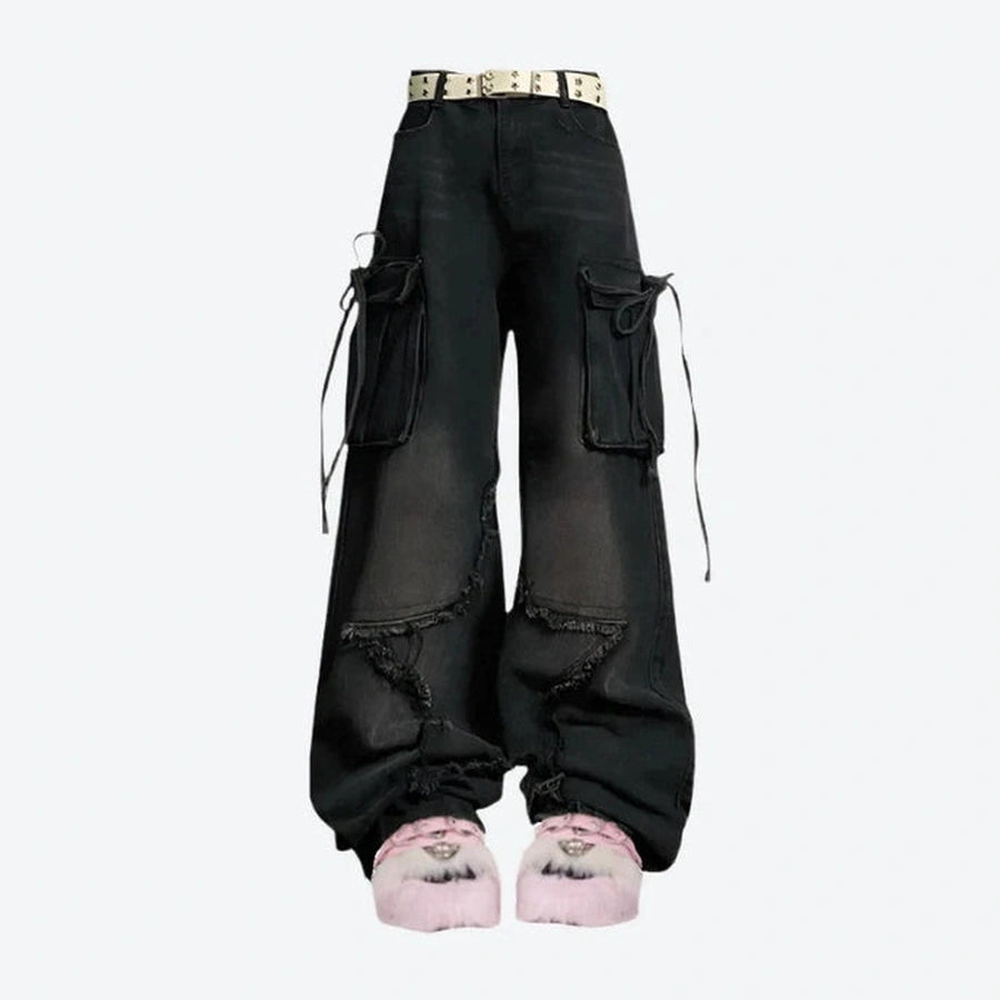 Distressed Wide-Leg Cargo Pocket Pants