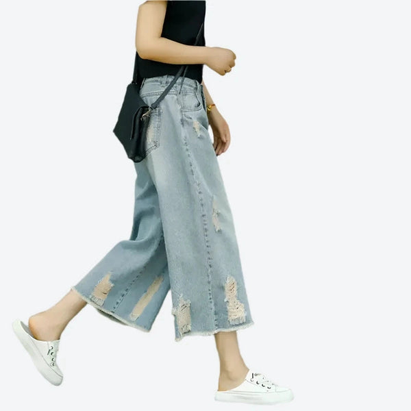 Distressed Wide-Leg Cropped Denim Jeans