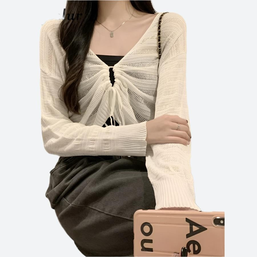 Drawstring Front Knit Crop Cardigans