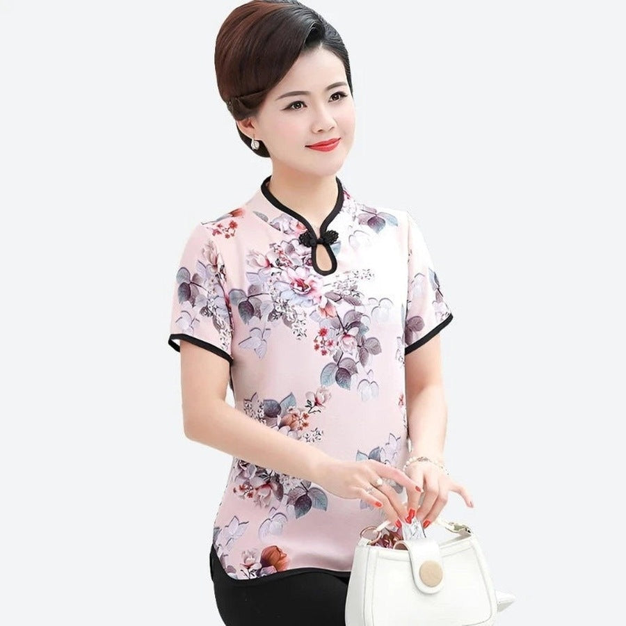 Elegant Floral Print Mandarin Blouses