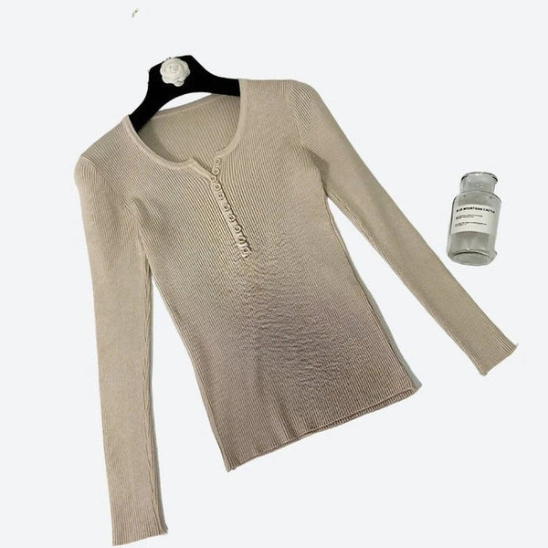 Elegant Ribbed Long-Sleeve Henley Tops