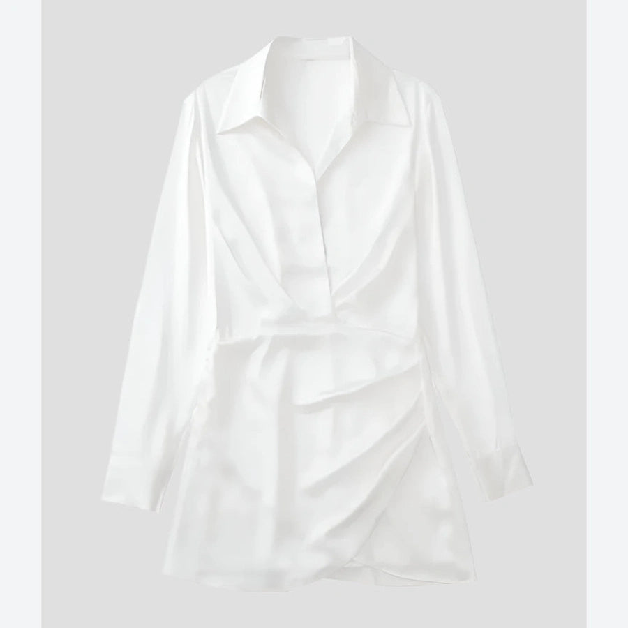 Elegant Satin Draped Shirt Dresses