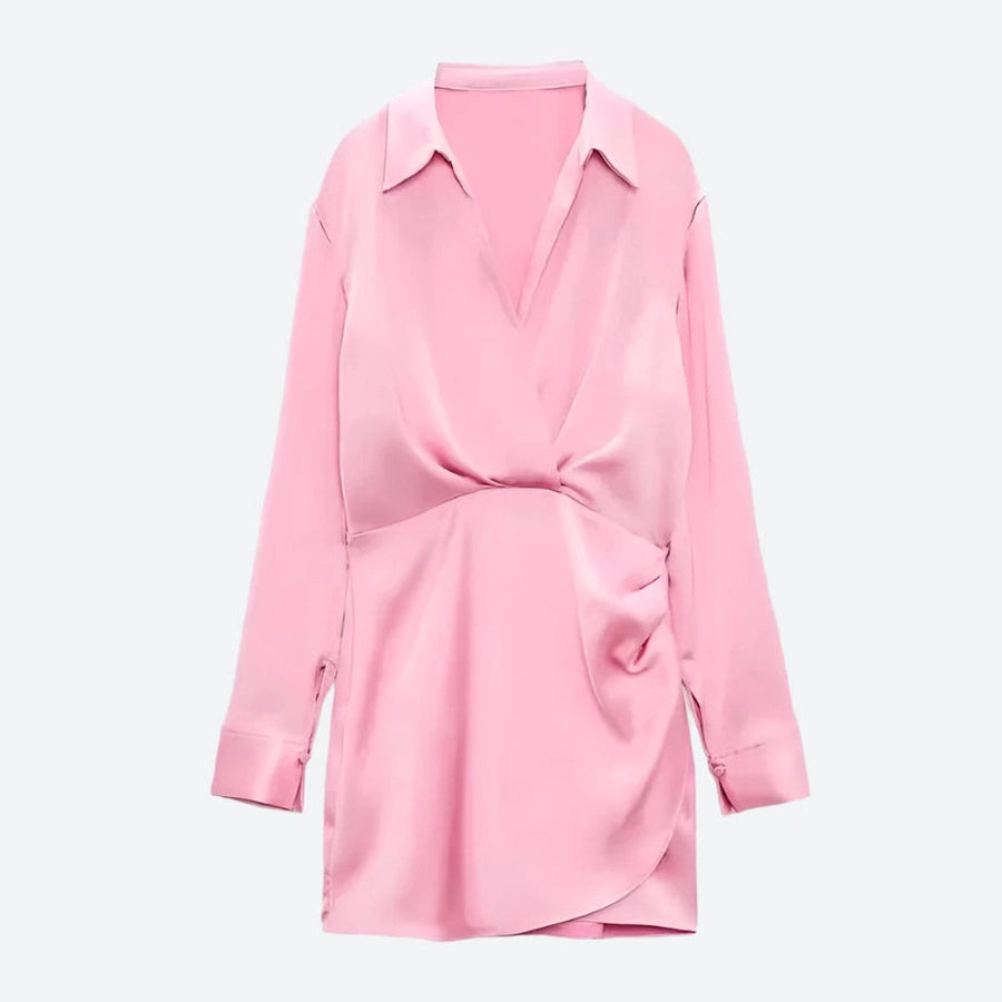 Elegant Satin Draped Shirt Dresses