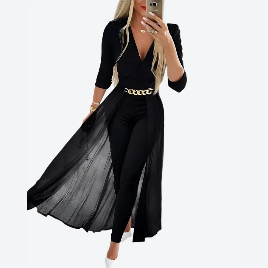 Elegant Sequin Sleeve Chain Belt Jumpsuits