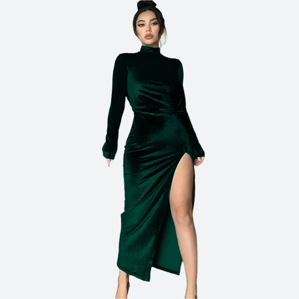 Elegant Velvet Long-Sleeve Slit Dresses