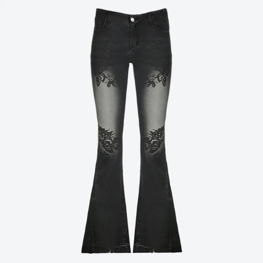 Flared Embroidered High-Waist Denim Jeans