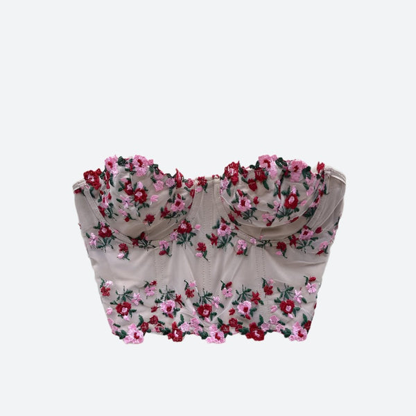 Floral Embroidered Mesh Bustier Tops