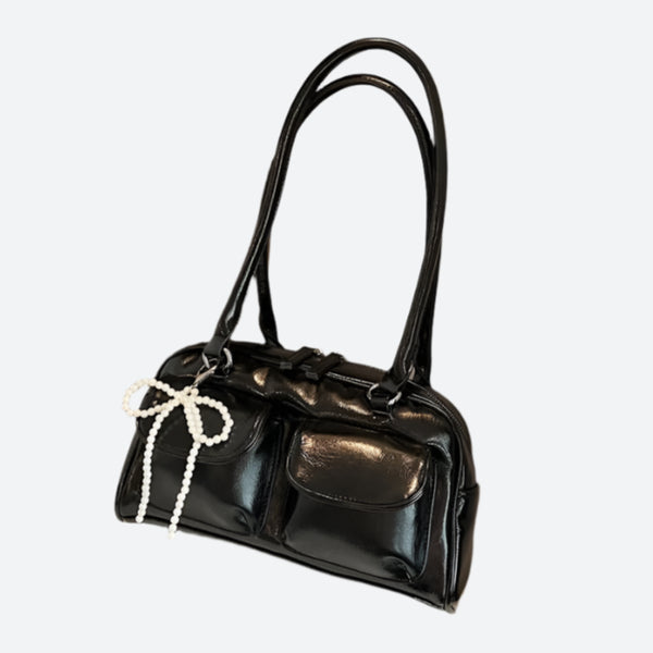 Glossy Pearl-Bow Shoulder Handbags