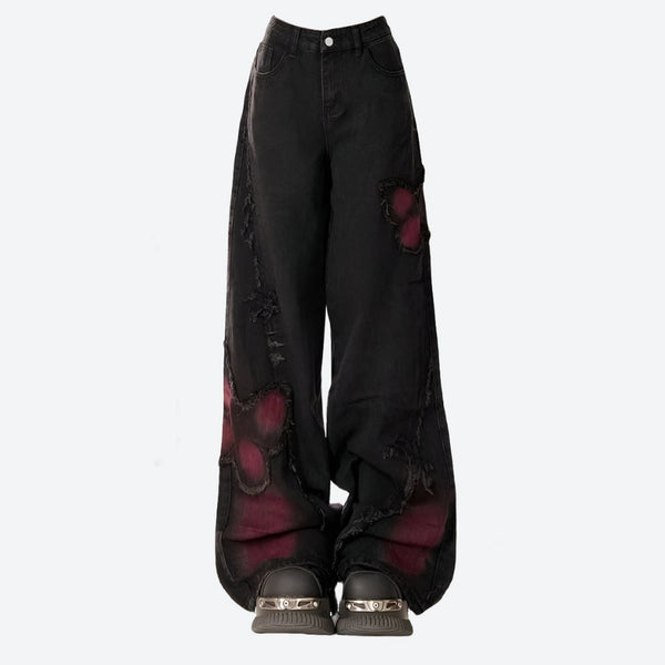 Grunge Wide-Leg Distressed Denim Jeans