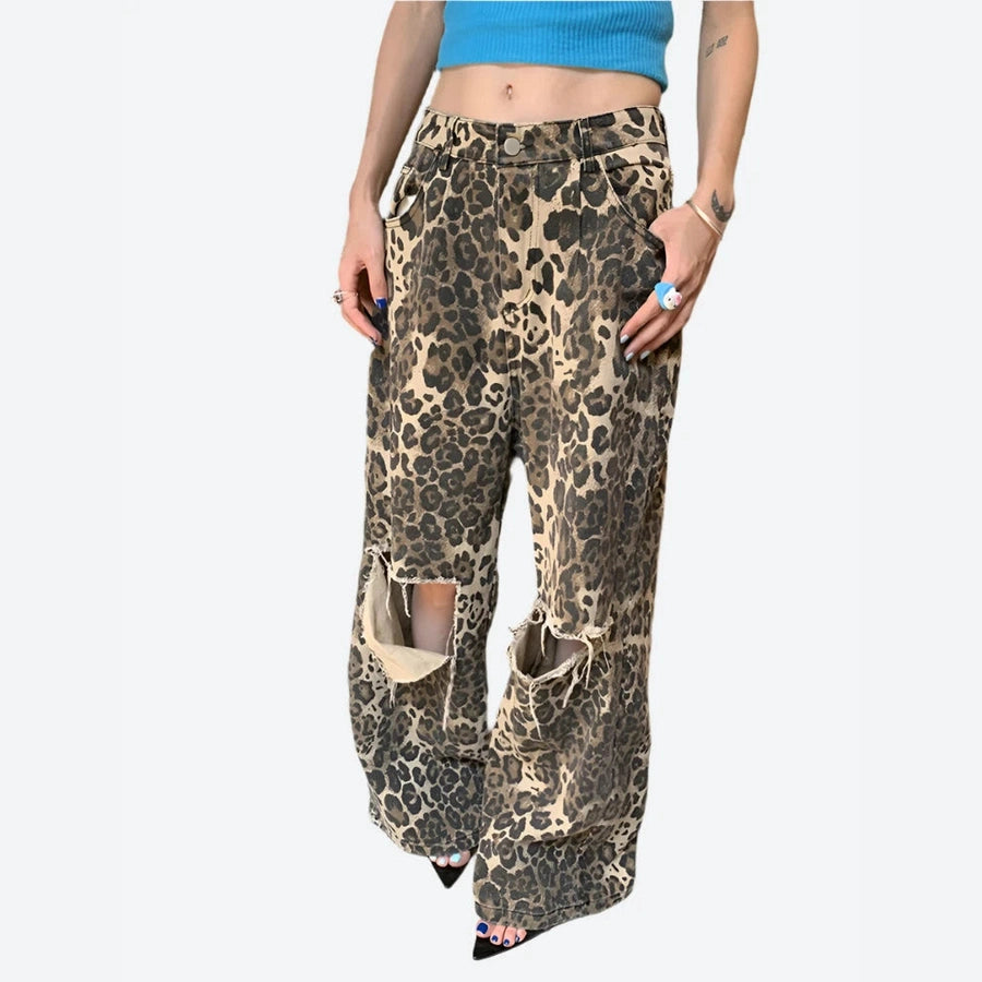 Leopard Print Ripped Wide-Leg Jeans