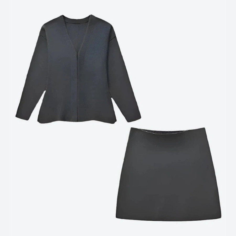 Minimalist V-Neck Cardigan Skirt Set