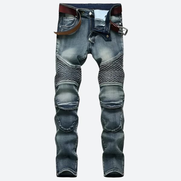 Moto-Style Biker Washed Denim Jeans
