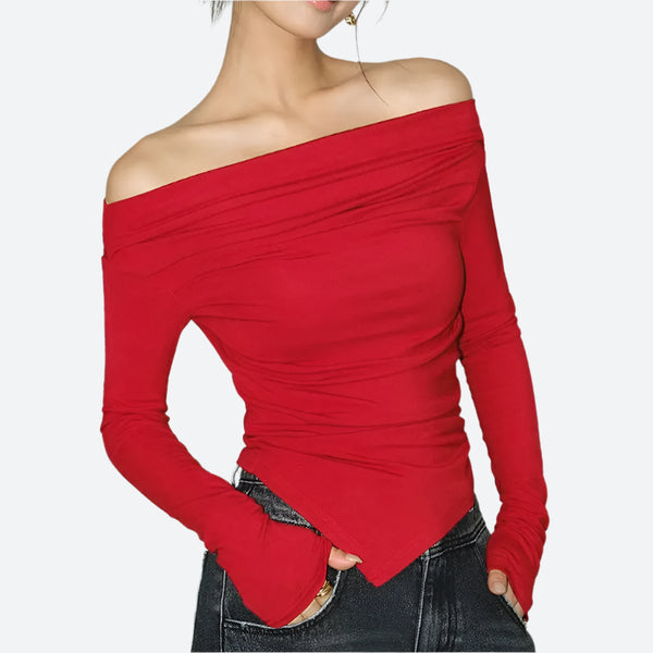 Off-Shoulder Long-Sleeve Fitted T-Shirts