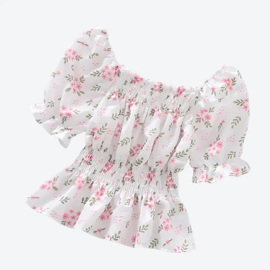 Off-Shoulder Smocked Floral Puff Blouses