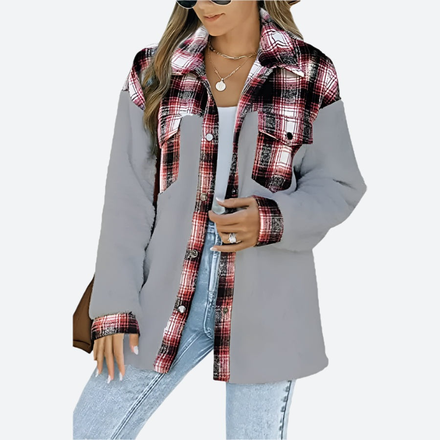 Plaid Contrast Fleece Buttoned Shacket Jackets