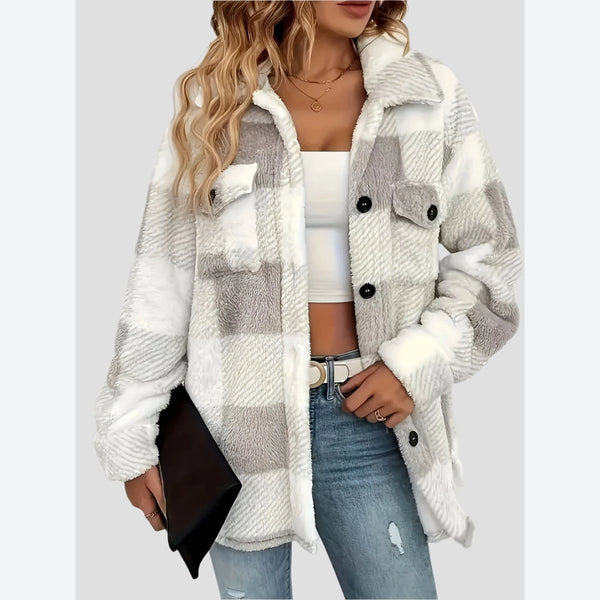 Plaid Fuzzy Button-Up Shacket Jackets