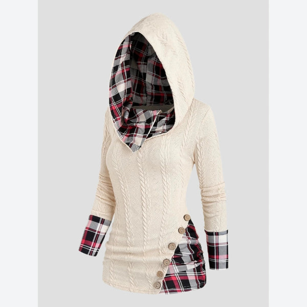 Plaid Lined Button Knit Hoodies