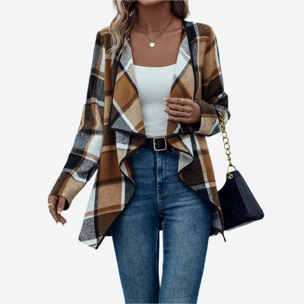 Plaid Open-Front Waterfall Cardigan