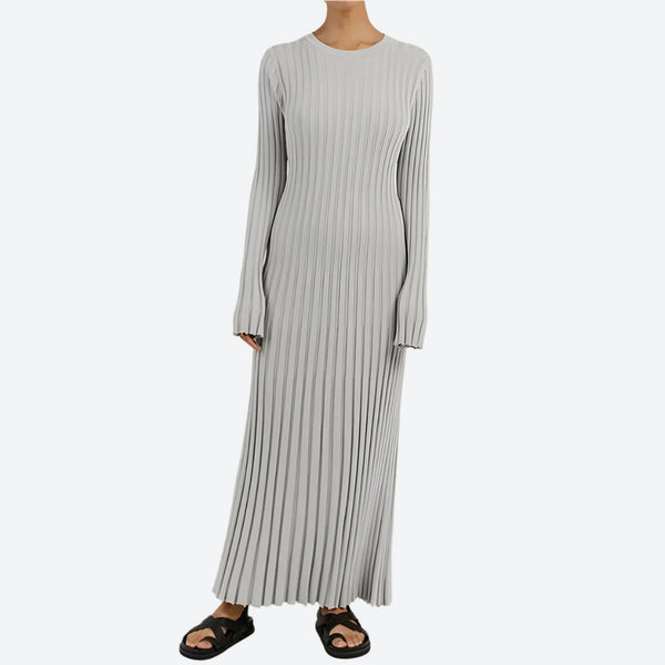 Pleated Long-Sleeve Crewneck Maxi Dresses
