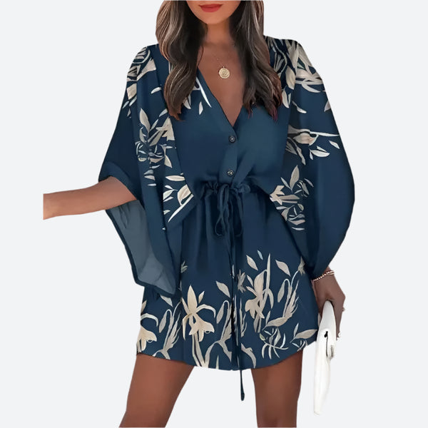 Printed Kimono-Sleeve V-Neck Romper Dresses