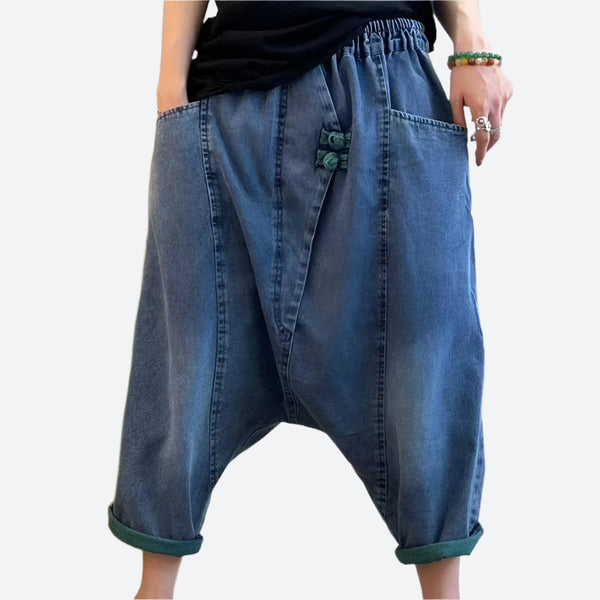 Relaxed Drop-Crotch Elastic Denim Jeans