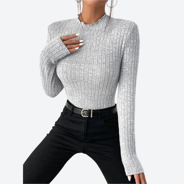 Ribbed Scalloped Mock-Neck Knit Sweaters