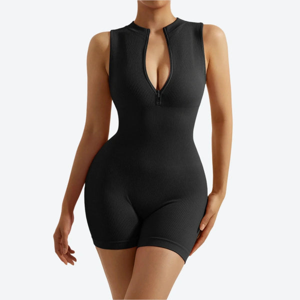 Ribbed Sleeveless Zip Front Bodysuits