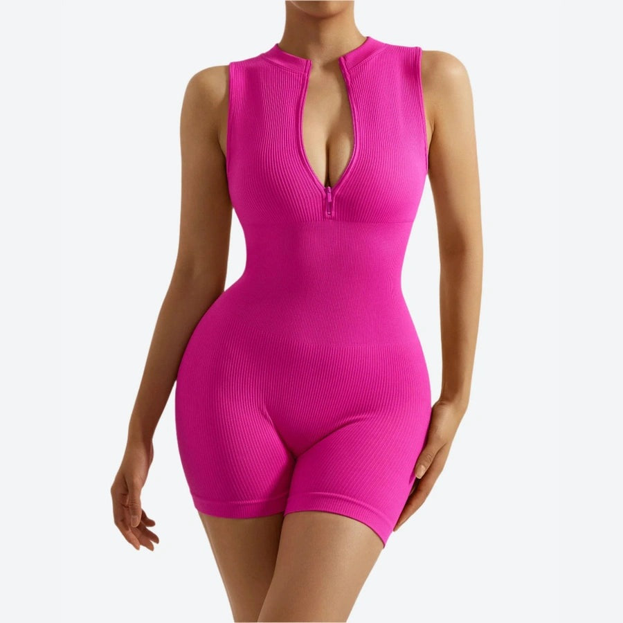 Ribbed Sleeveless Zip Front Bodysuits