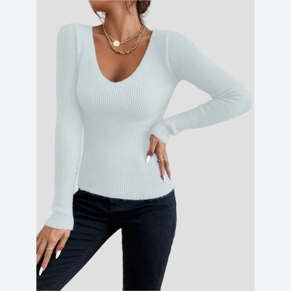 Ribbed V-Neck Long-Sleeve T-Shirts