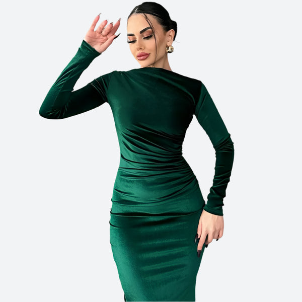 Ruched Velvet Long Sleeve Midi Dresses