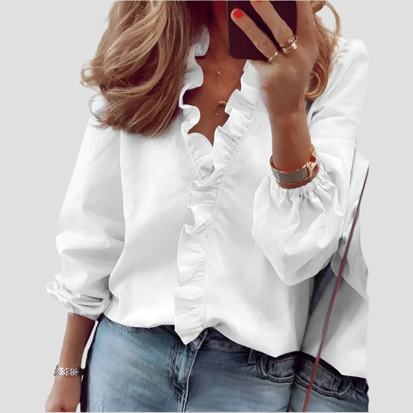 Ruffled V-Neck Long-Sleeve Blouses