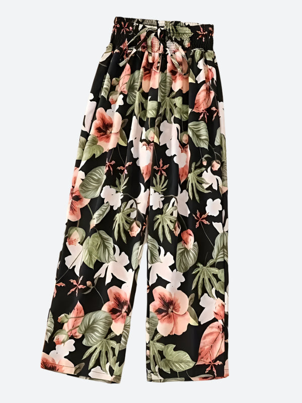 Floral Smocked Waist Wide-Leg Trousers