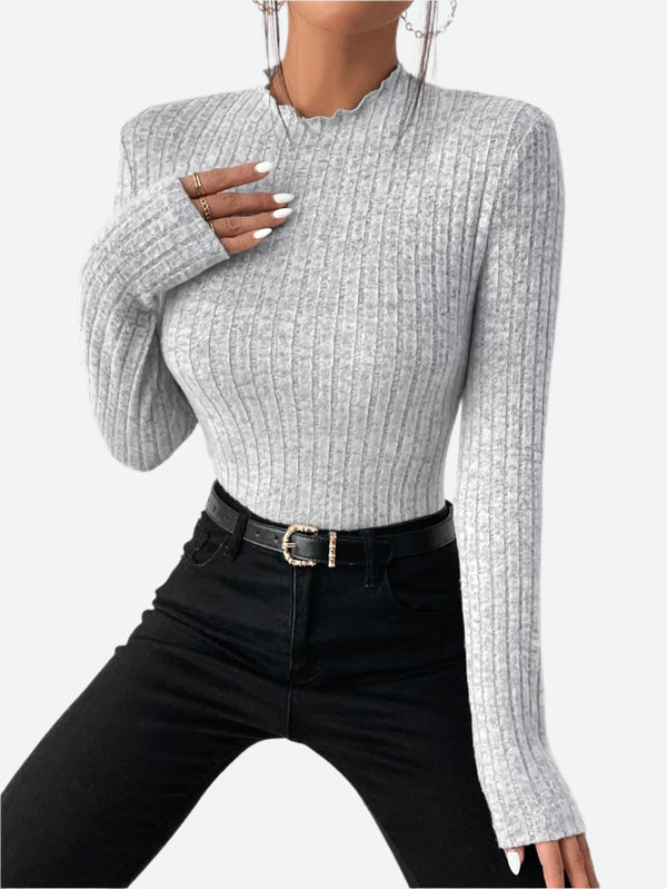 Ribbed Scalloped Mock-Neck Knit Sweaters