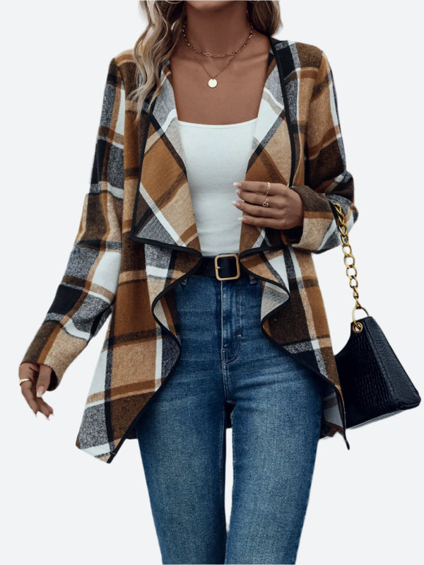 Plaid Open-Front Waterfall Cardigan