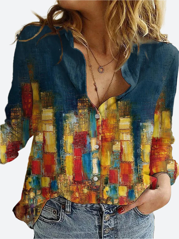 Abstract Print Long-Sleeve Button-Up Shirts
