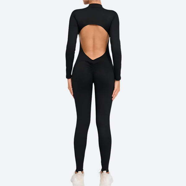 Open-Back Long-Sleeve Fitness Jumpsuits